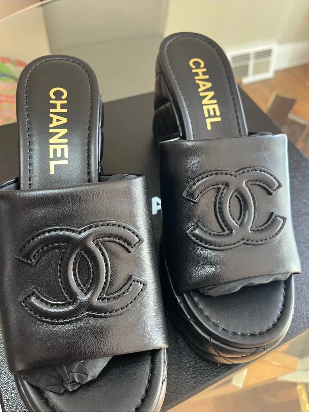 CHANEL Black Quilted Leather Platform Mules with CC Logo